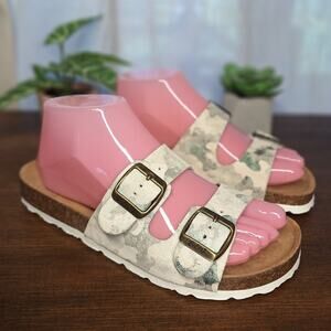 Biostep two strap buckle camo sandals suede & cork 7.5 womens cream white sunmer